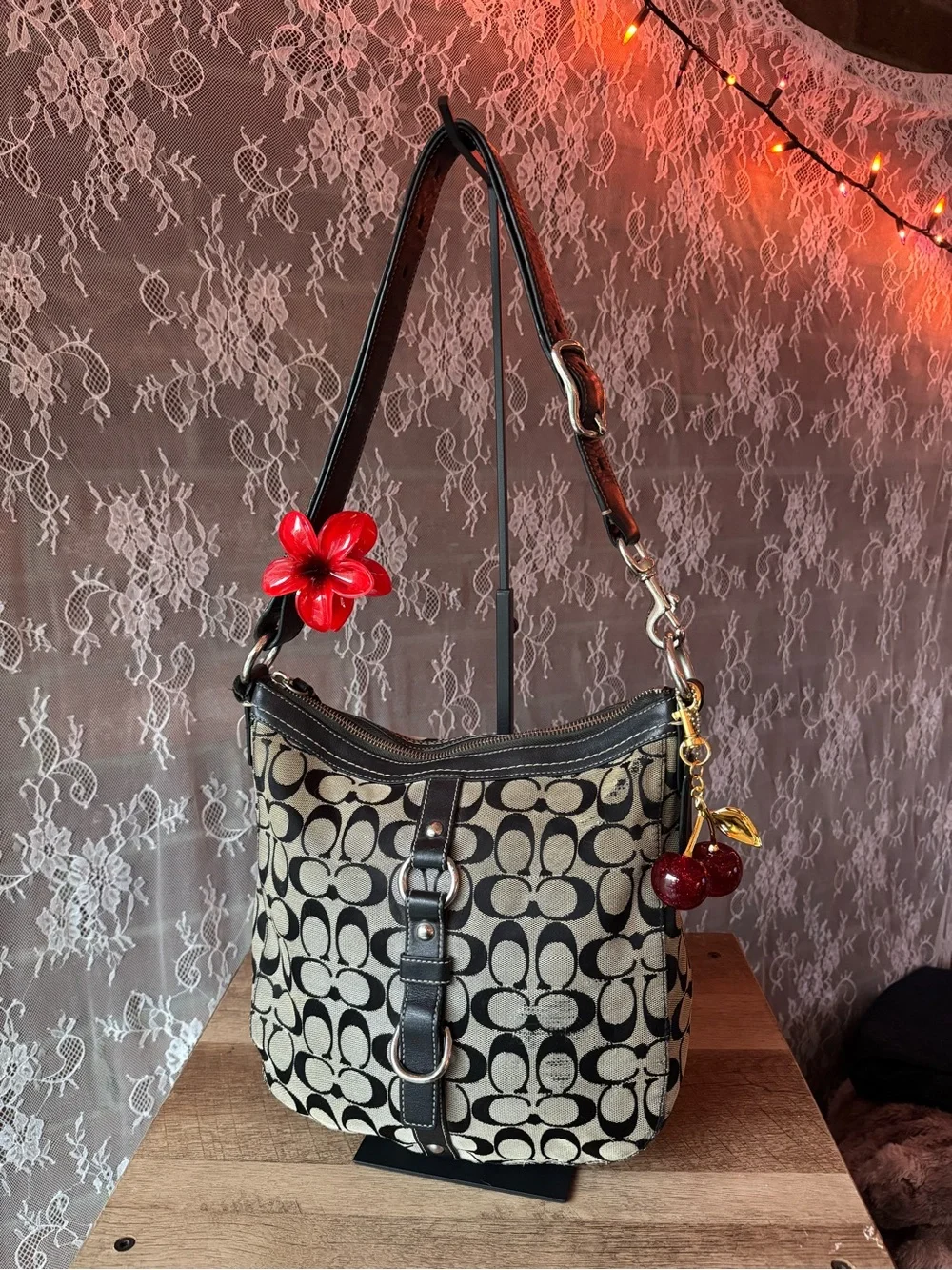 Coach Black and Cream Signature Canvas Shoulder Bag with Cherry Charm